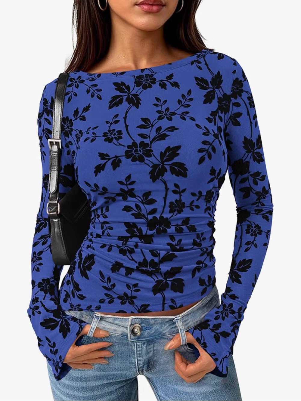 Velvet Floral Blue Long-Sleeve Top